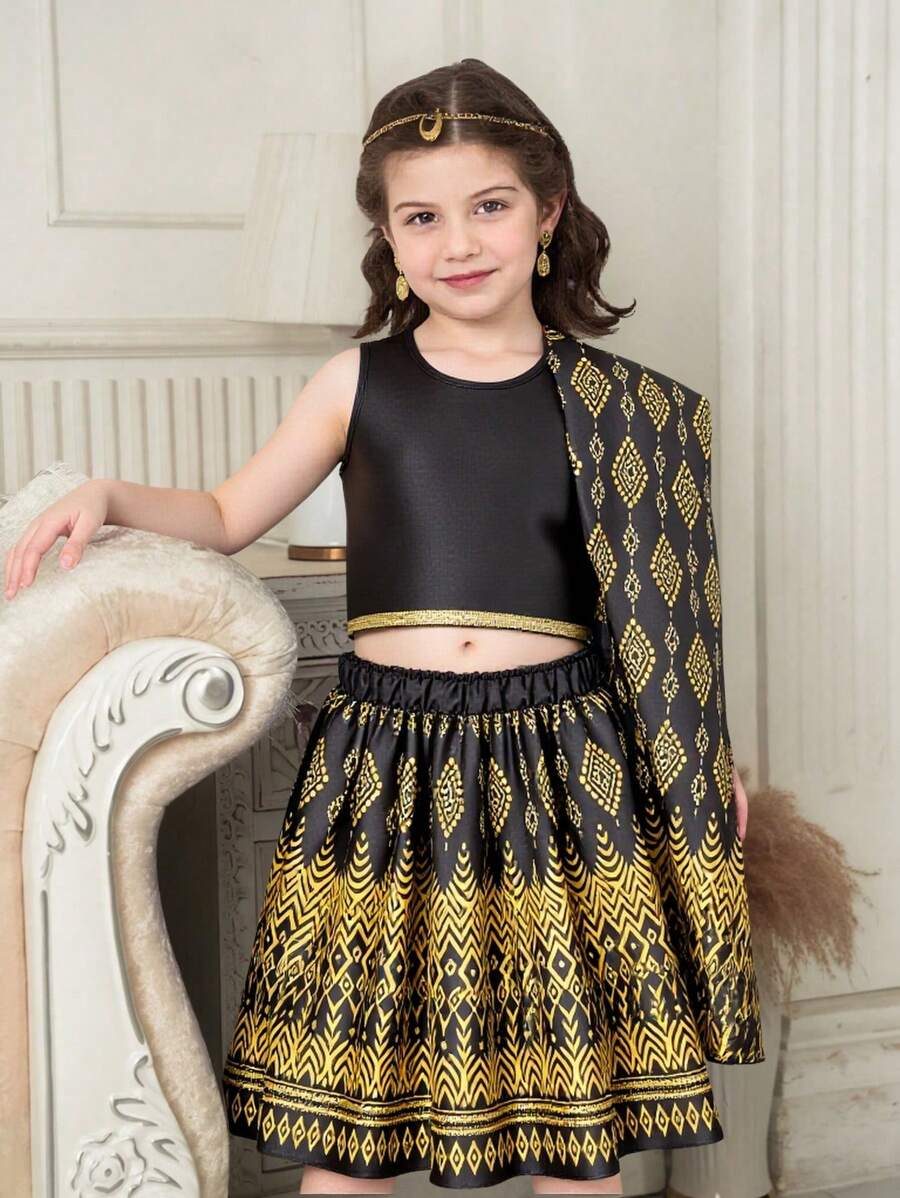 3pcs Toddler Girls' Fancy Spring/Summer Satin Navy Blue Round Neck Sleeveless Top, Geometric & Metallic Print Skirt, And Shawl, Suitable For Party, Wedding, Banquet, Vacation In Summer - Black - View 1