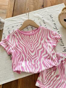 SHEIN LMoss Kids Babygirl Casual Knit Zebra Pattern Color Block Short Sleeve T-Shirt And Elastic Waist Shorts Set, Suitable For Summer