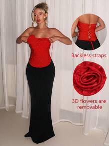 Glamine Gramin Early Spring Red New Women's Textured Jacquard Love Fabric Removable 3D Flower Backless Strap Waist Tube Top Short Top Suitable For Vacation Romantic Date Party Versatile Top