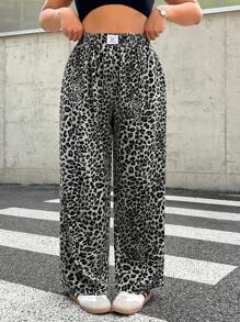SHEIN EZwear 大码女式休闲豹纹梭织高腰阔腿宽松裤，带口袋，适合日常/通勤穿着