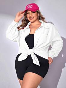 SHEIN CURVE+ 2pcs/Set Plus Size Women Casual Loose Pink Long Sleeve Button-Up Shirt And Black Jumpsuit, Suitable For Valentine's Day, Airport Outfit, Clothing Set, Back To School, Y2K