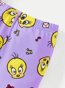 LOONEY TUNES X SHEIN Bộ 2 áo thun tay ngắn cổ tròn in hình chú chim Tweety hoạt hình cho bé gái và quần legging in họa tiết màu tím - trắng - Xem 4