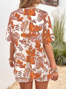 SHEIN LUNE 女士植物印花短袖和服和短裤两件套，休闲假日风格 - 橘色 - 查看 2