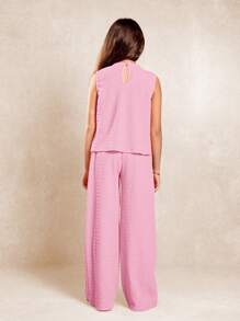 SUMWON 褶饰蝴蝶结上衣和阔腿裤套装夏季派对装两件套套装优雅松紧腰海滩度假装 - 粉色 - 查看 2