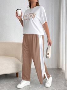 SHEIN Essnce Damen Große Größen Sommer Lässig Sport T-Shirt und Hose Zweiteiler, Damen Sommer Kleidung, Outfit Sets, Zweiteiler Hosen Set, Grafik T-Shirt Set, Sommer Outfits, Zweiteiler Outfits, Flughafen Outfit, Schul-Rückkehr Kleidung, Zweiteiler Set mit Hose - Khaki - Übersicht 5