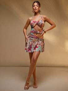 Hauture Printed Mesh Cut Out Short Dress With Seashell Detail - Multicolor - View 3