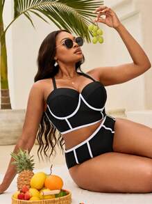Slaydiva 大码女式黑白拼色钢圈休闲泳装套装 - 黑與白 - 查看 4