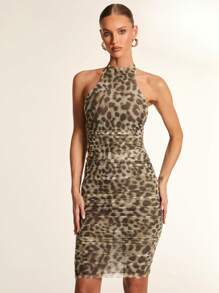 Glamine Women Leopard Print Mesh Side Ruffle, Backless, Fitted Bodycon Sleeveless Elegant Dress - Multicolor - View 4
