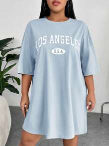 SHEIN EZwear Plus Size Women Letter Print Drop Shoulder Plus Size T-Shirt Dress