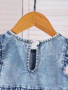 1pc Baby Girl Casual Washed Denim Puff Dress With Embroidered Bowknot Decor - Blue - View 3