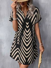 SHEIN LUNE Women Casual Abstract Print Short Sleeve Mini Dress, Daily Basic Outfit For Spring & Summer