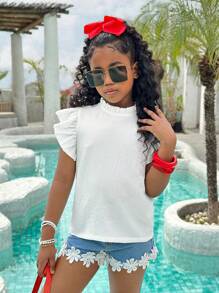 SLAYR KIDS Tween Girl Holidaya Mock Neck Lettuce Trim Ruffle Blouse - White - View 4