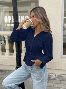 Serisse 女式纯色前系带长袖时尚荷叶边下摆衬衫