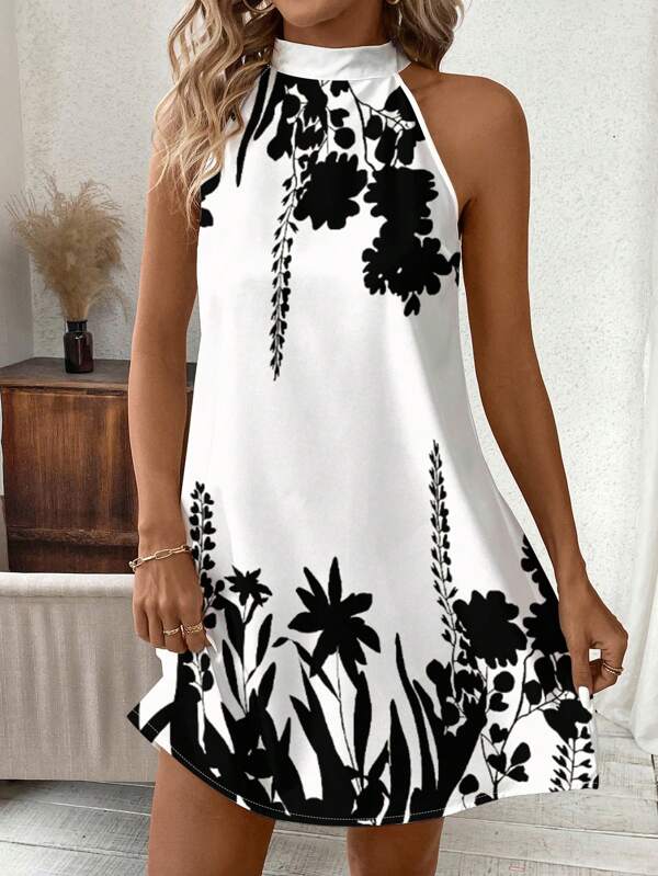 SHEIN Clasi Robe courte moulante sans manches à col challe imprimée, convenant pour le port quotidien, été