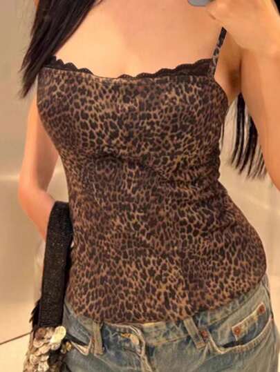 INAWLY Women Leopard Print Lace Trim Spaghetti Strap Cami Top Graphic Cheetah Print Tees Women Tops