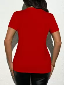 INAWLY 女式印花红玫瑰图案修身 T 恤，夏季 - 紅色 - 查看 2