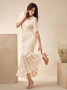 Anewsta New Design Sense Semi-Sheer Body-Conscious Round Neck Short Sleeve Knit Dress - Apricot - View 4