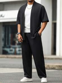 Manfinity Homme Set de 2 piezas de camisa de manga corta y pantalones de unicolor para hombres de talla grande, conjunto cómodo