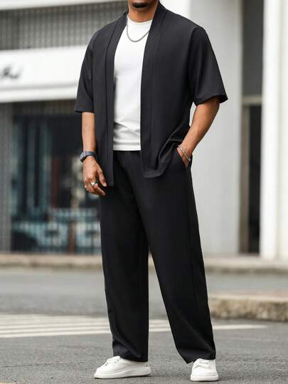 Manfinity Homme 2pcs/Set Plus Size Men's Solid Color Short Sleeve Shirt And Pants Set, Cozy Outfits