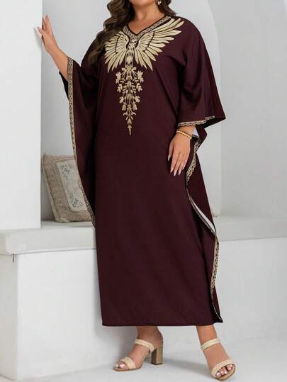 Al Najma Vestido con estampado de plantas, cuello en V y mangas de murciélago en estilo árabe para mujer talla grande, abaya modesta