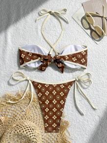 SHEIN Swim 2pcs/Set Minimalist Print Wireless Crop Top And Self-Tie Triangle Bottoms Swimwear For Summer Beach Vacation - Multicolor - View 7