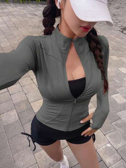 DAZY 女士纯色立领弹力紧身长袖夹克，春秋季运动休闲