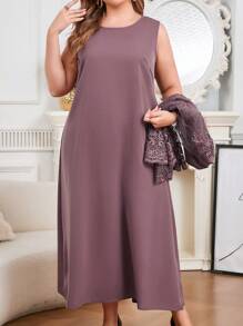 Modelyn Plus Size 2pcs Set Mesh Embroidered Solid Color Cardigan Top And Dress - Purple - View 2