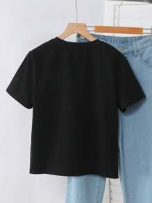 SHEIN Leap Crew Teen Girl Solid Black Pearl Bow Design Casual Round Neck Short Sleeve T-Shirt - Black - View 2