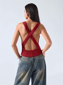 LYSMO 2025 New Arrival Summer Knit Cross-Back Top With Backless Design, For Everyday Wear - Red - View 2