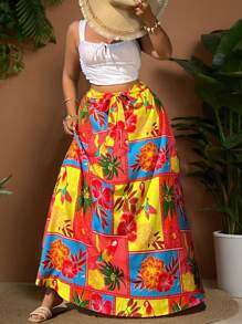 Sunnyshic Plus Size Holiday Plants & Floral Pattern Casual Skirt, Fashionable Daily Wear