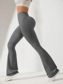 Pantalones casuales de fitness y deporte de cintura alta y pernera acampanada de unicolor para mujeres