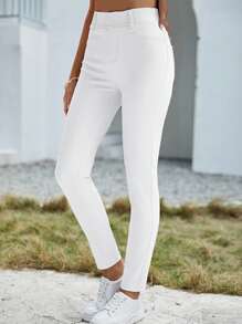 SHEIN Essnce Pantalones largos de mezclilla llanos, simples y de moda, apropiados para el verano