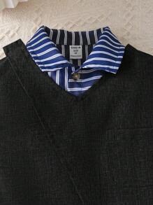SHEIN Leap Crew 3Pcs Boys Korean Casual Loose Sleeveless V-Neck Vest + Gray Tapered Pants + Navy Blue Striped Shirt Set, Buy 2 Get 1 Free, Suitable For Travel, School, Daily Gathering, Autumn/Winter - Black - View 6
