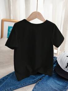 SHEIN Kaos Anak Laki-Laki Lengan Pendek Kerah Bulat, Kasual untuk Musim Panas - Hitam - View 2
