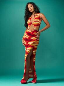MISSGUIDED Vestido maxi de lujo con estampado de puesta de sol y detalles recortados, vestido largo de estética Y2K para fiesta de verano, playa y resort