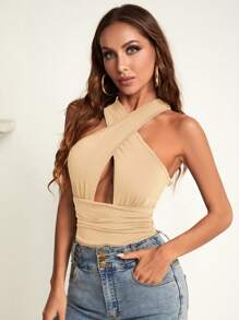 Allurite Women's Solid Color Sexy Cross Hollow Out Halter Bodysuit - Apricot - View 5