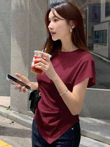 DAZY Women Fitted Asymmetrical Hem Cinched Waist T-Shirt Summer - Burgundy - View 2