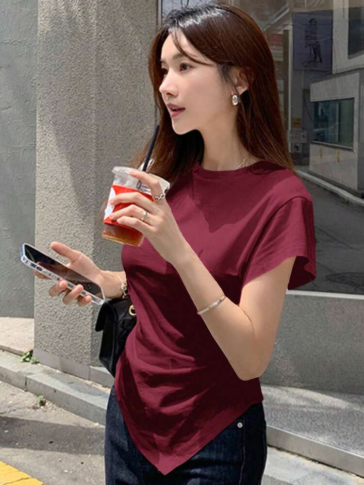 Women Fitted Asymmetrical Hem Cinched Waist T-Shirt Summer