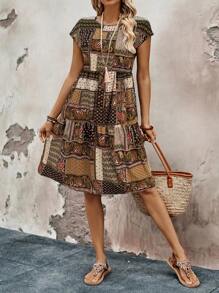 EMERY ROSE Women's Summer Dress With Pattern Print And Short Sleeves - Army Green - View 7