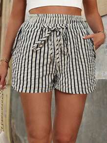 Calvaya Shorts sueltos casuales de bolsillo con cinturón y rayas para mujer de talla grande - Multicolor - Ver 3