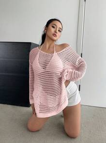 SHEIN MOOSTA Plus Perforated Pullover Sweater For Women, Simple & Fashionable, Suitable For Summer Knit Pullover Fall Winter