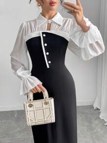 Modelyn Vestido largo de manga larga elegante con diseño de botones 2 en 1 para dama - Multicolor - Ver 2