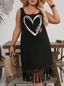 SHEIN VCAY 1pc Plus Size Women's Black Camisole Dress, Heart Pattern Dress, Mama Print Dress, Tassel Hem Knee Length Dress, Mother's Day Summer Dress, Beach Sundress Swimwear Cover Up Plus Beachwear Cover Up Women Dresses Summer Beach Dresses For Woman Beach Cover Up Dress Summer Outfits For Women Easter Outfit Women Festival Outfits Ibiza Outfits Nashville Outfits Ibiza Outfits Casual Boho Cowgirl Brunch Outfits For Women