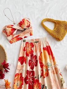 Soleia 女士夏季服装，女士两件套，女士度假服装，复活节，女士西部服装，女士婚礼宾客服装，女士演唱会服装，狂欢节服装，夏季浪漫花卉印花前系带抹胸上衣和松紧腰A字裙女士两件套 - 彩色 - 查看 5