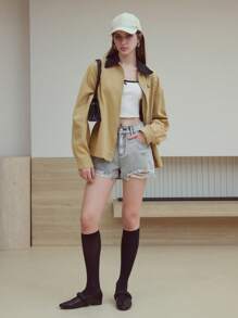 MOTF STUDIO Zerrissene Denim Shorts mit rohem Saum - Grau - Übersicht 3