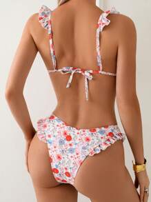 SHEIN 2025 New Women 2 Pieces Bikini Set Set With Random Floral Print, Ruffled Hem & Bow Accent, Sexy Triangle Bikini Top And Bottom, For Beach Resort Vacation In Summer