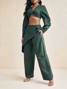 GYD studio 绿色斜纹结饰裙弹力裤两件套休闲度假运动裤女装工作女裤女装两件套女装两件套女装两件套女装两件套工作服女装女装夏季套装女装两件套