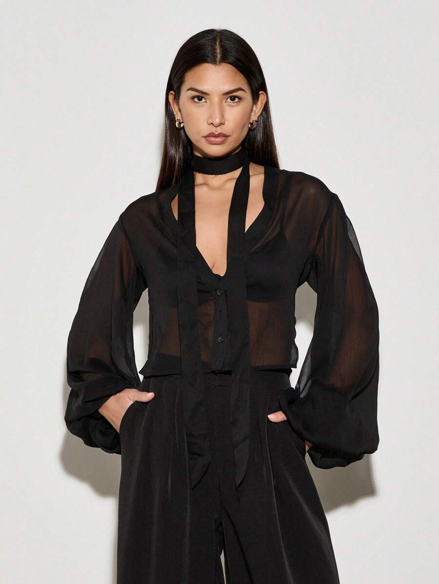 AiiRZ Sheer Wrap Long Balloon Sleeves Top With Long Scarf