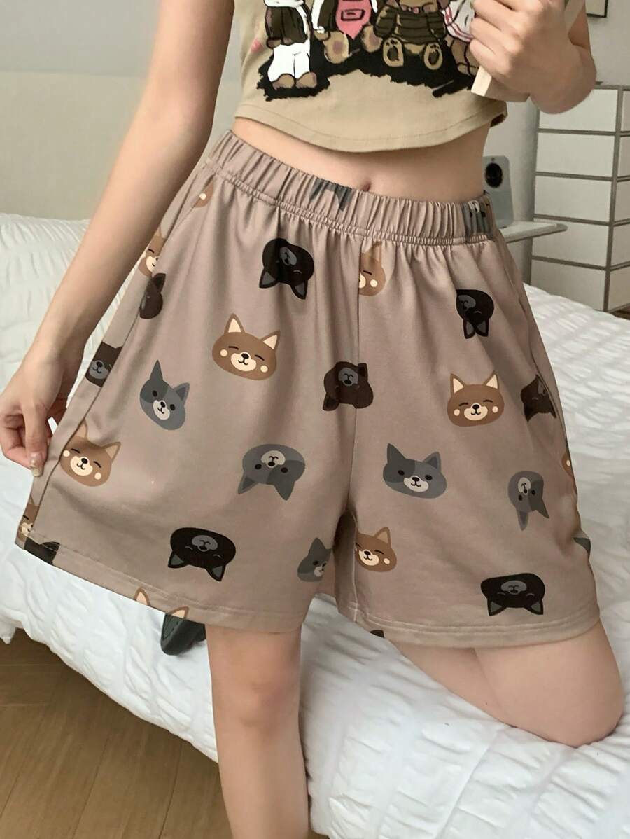 DAZY Women's Cartoon Pattern Shorts, Summer Pajamas & Loungewear Bottom - Khaki - View 1