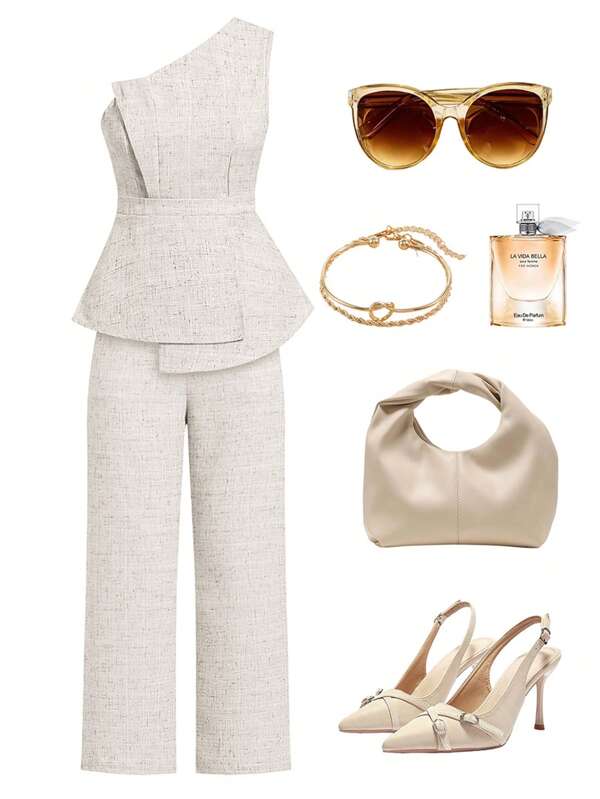 Ellevyn Apricot Textured Fabric Asymmetrical Shoulder Asymmetric Top + Straight Leg Pants Women 2 Pieces Set Summer Outfits For Women Teacher Outfits For Women Two Pieces Set Women Summer Two Pieces Set Summer Outfits For Women Business Casual Woman